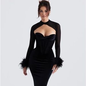 Stunning large house of CB Thalia dress maxi cocktail vintage velvet feather